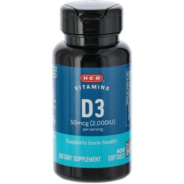 H-E-B Vitamins D3 50 mcg (2,000 IU) Softgels, 400 ct