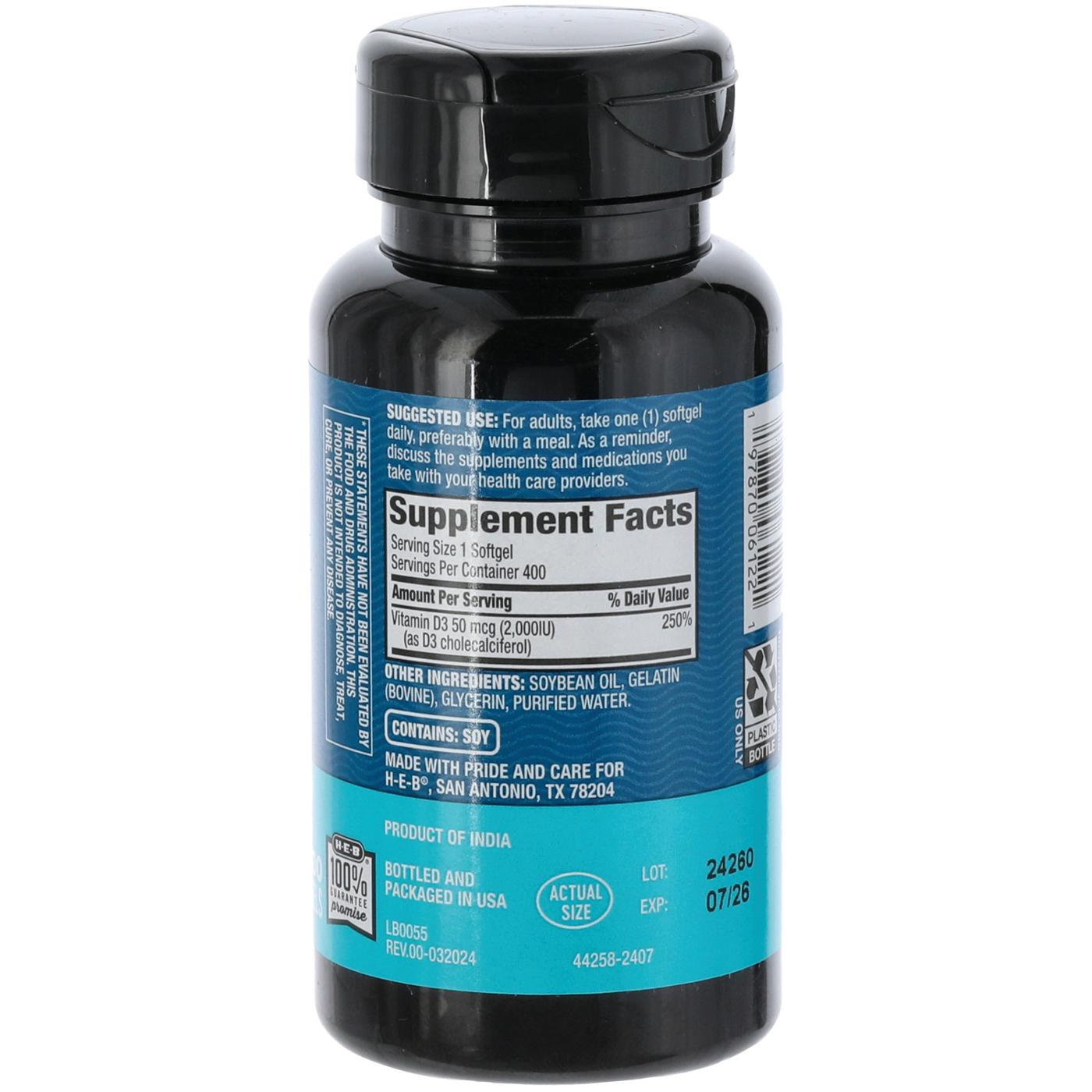 H-E-B Vitamins D3 50 mcg (2,000 IU) Softgels; image 2 of 2