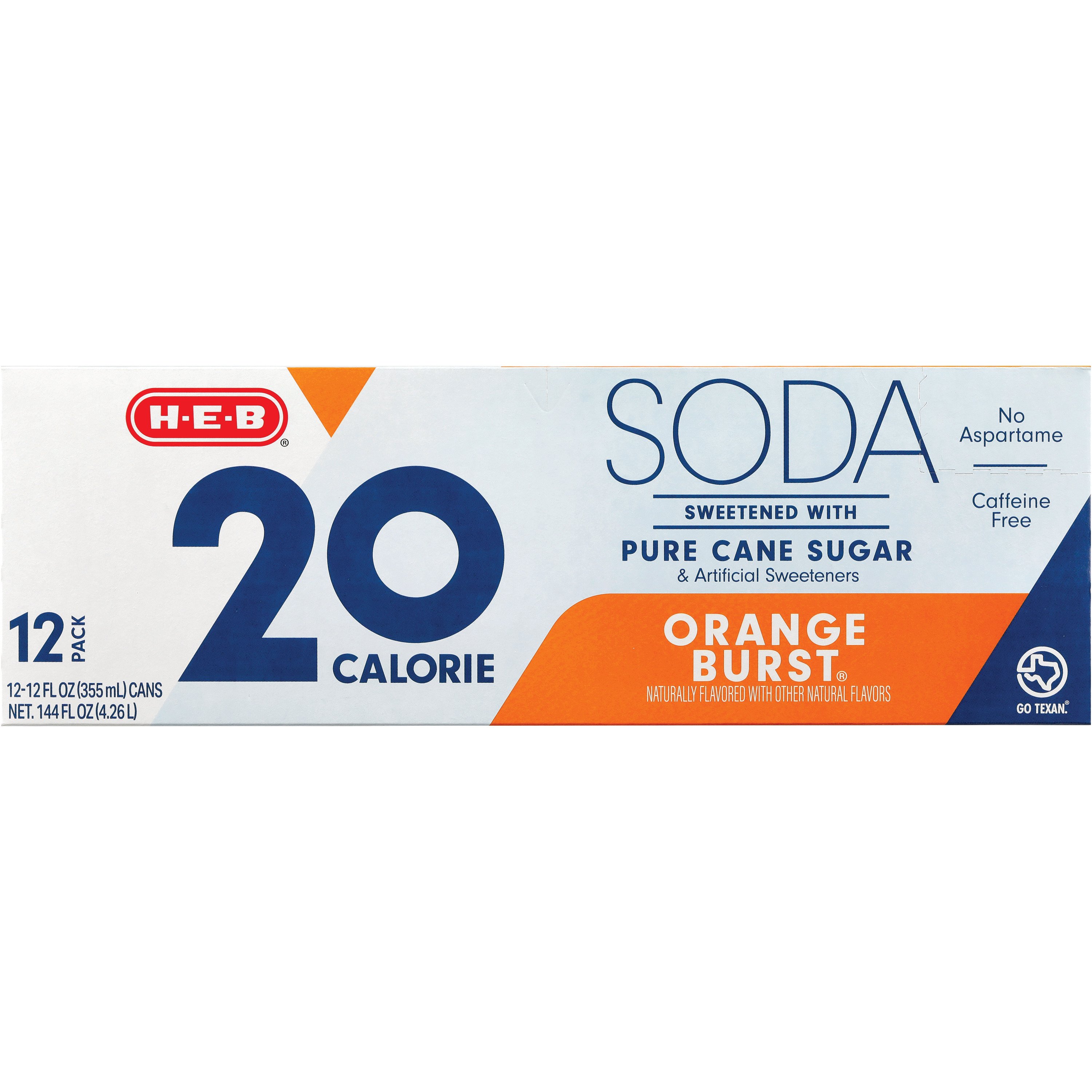 H-E-B 20 Calorie Pure Cane Sugar Orange Burst Soda 12 pk Cans, 12 oz