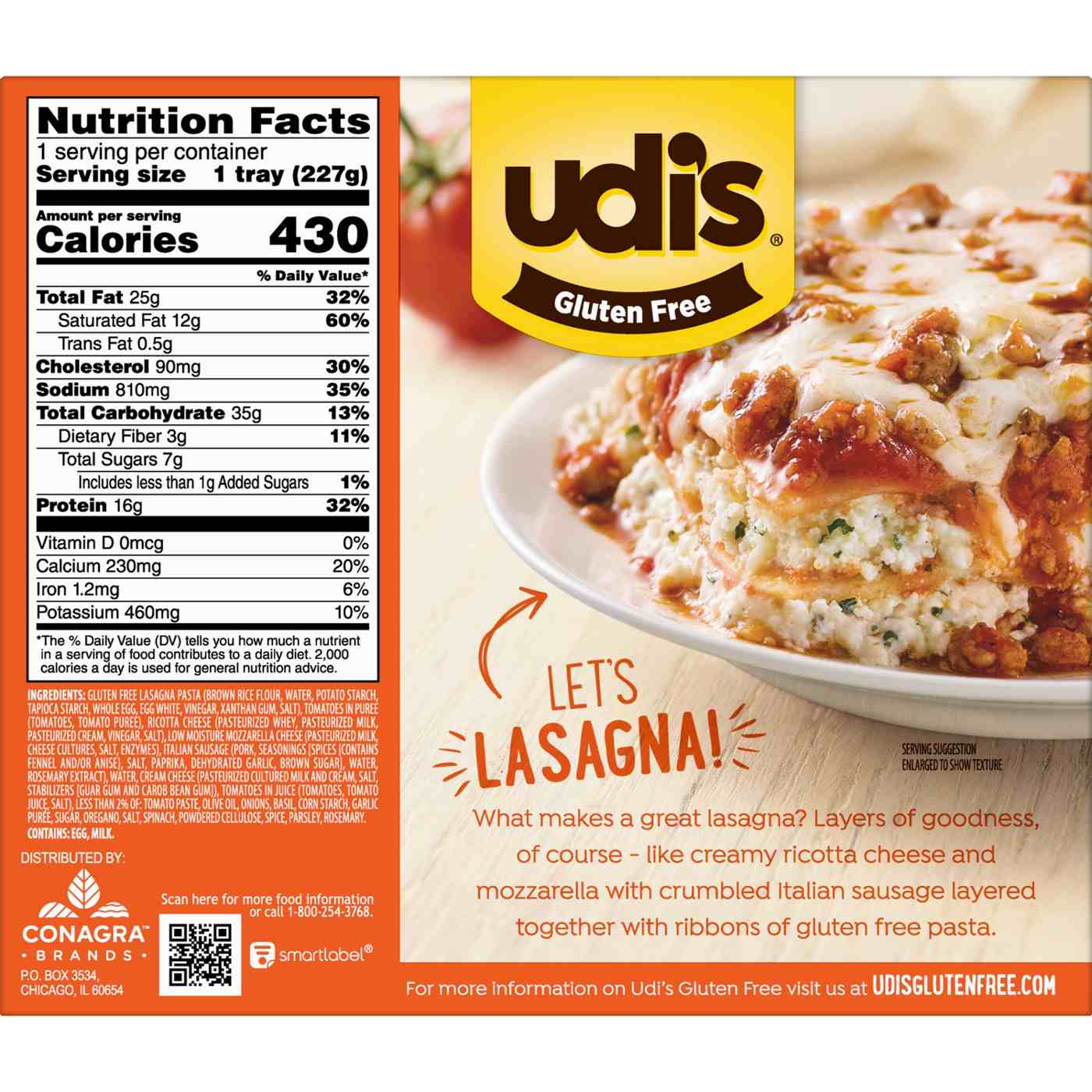 Udi's GlutenFree Italian Sausage Lasagna Frozen Meal Shop Entrees