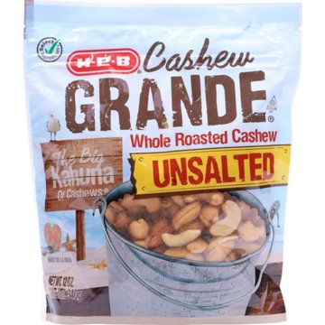 H-E-B Cashew Grande Unsalted Roasted Whole Cashews, 12 oz