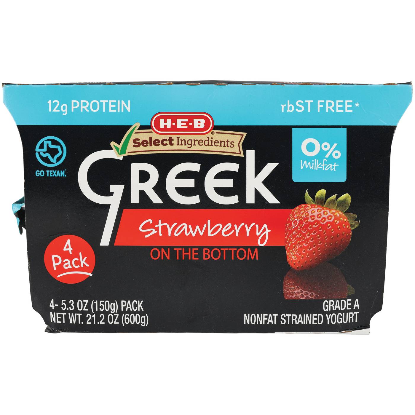 H-E-B 12g Protein Nonfat Greek Yogurt - Strawberry on the Bottom; image 1 of 2