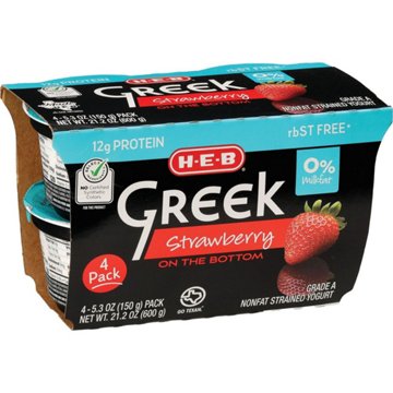 H-E-B 12g Protein Nonfat Greek Yogurt - Strawberry on the Bottom, 4 ct