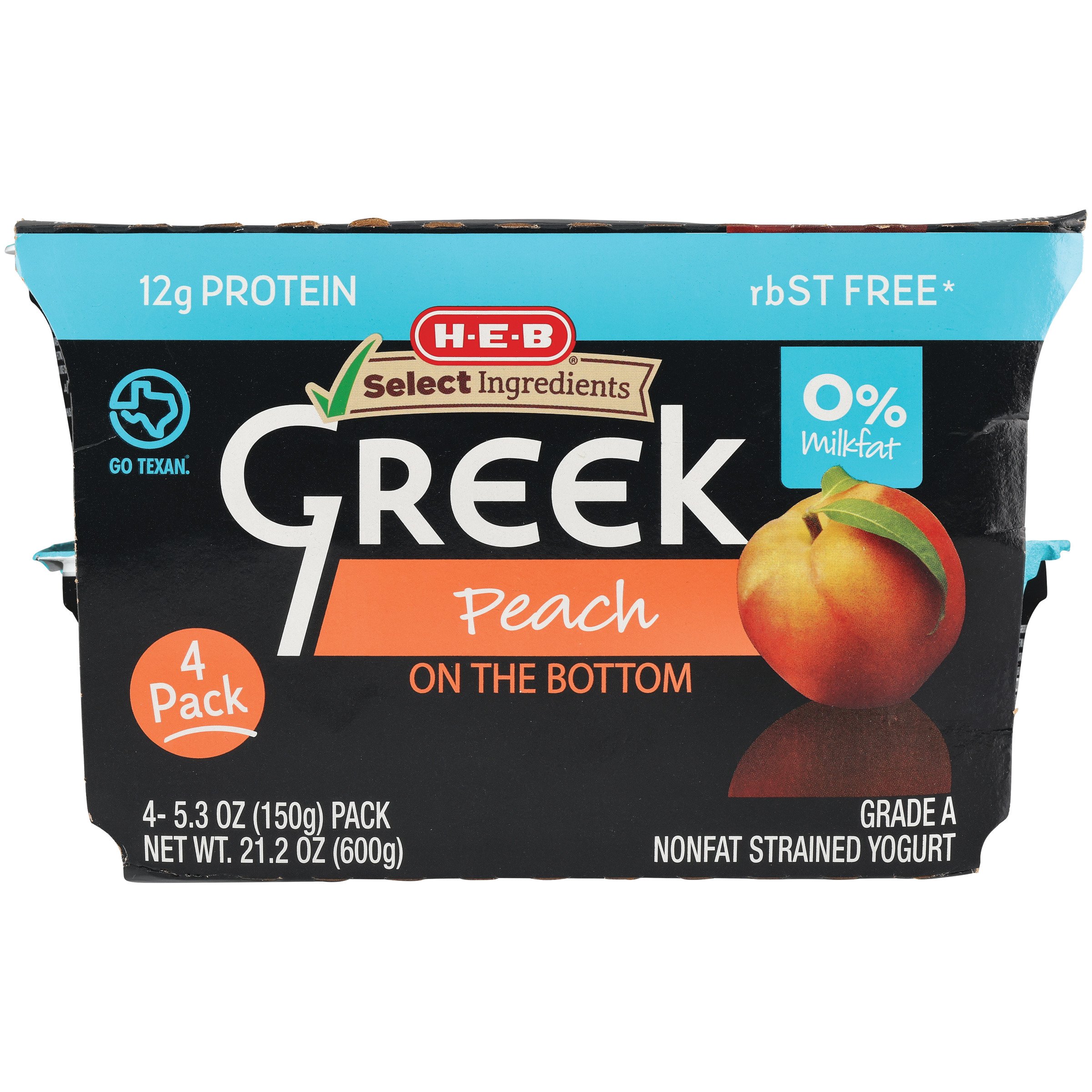 H-E-B 12g Protein Nonfat Greek Yogurt - Peach on the Bottom, 4 ct