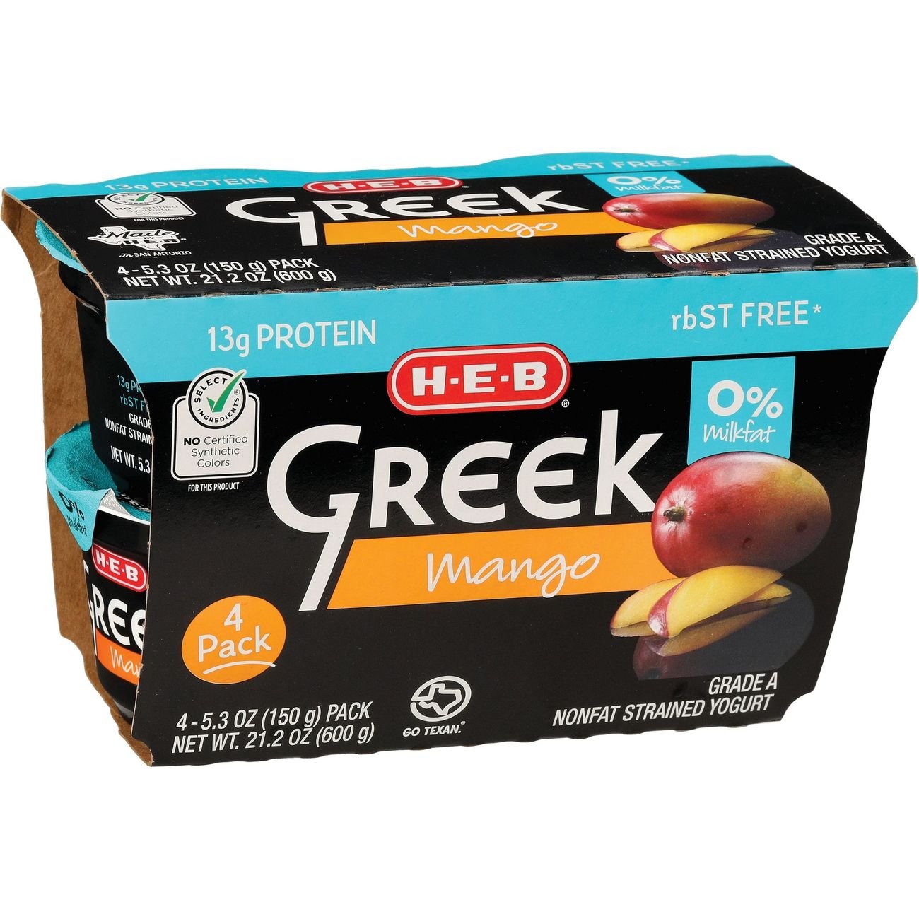 H-E-B 13g Protein Nonfat Greek Yogurt - Mango, 4 ct