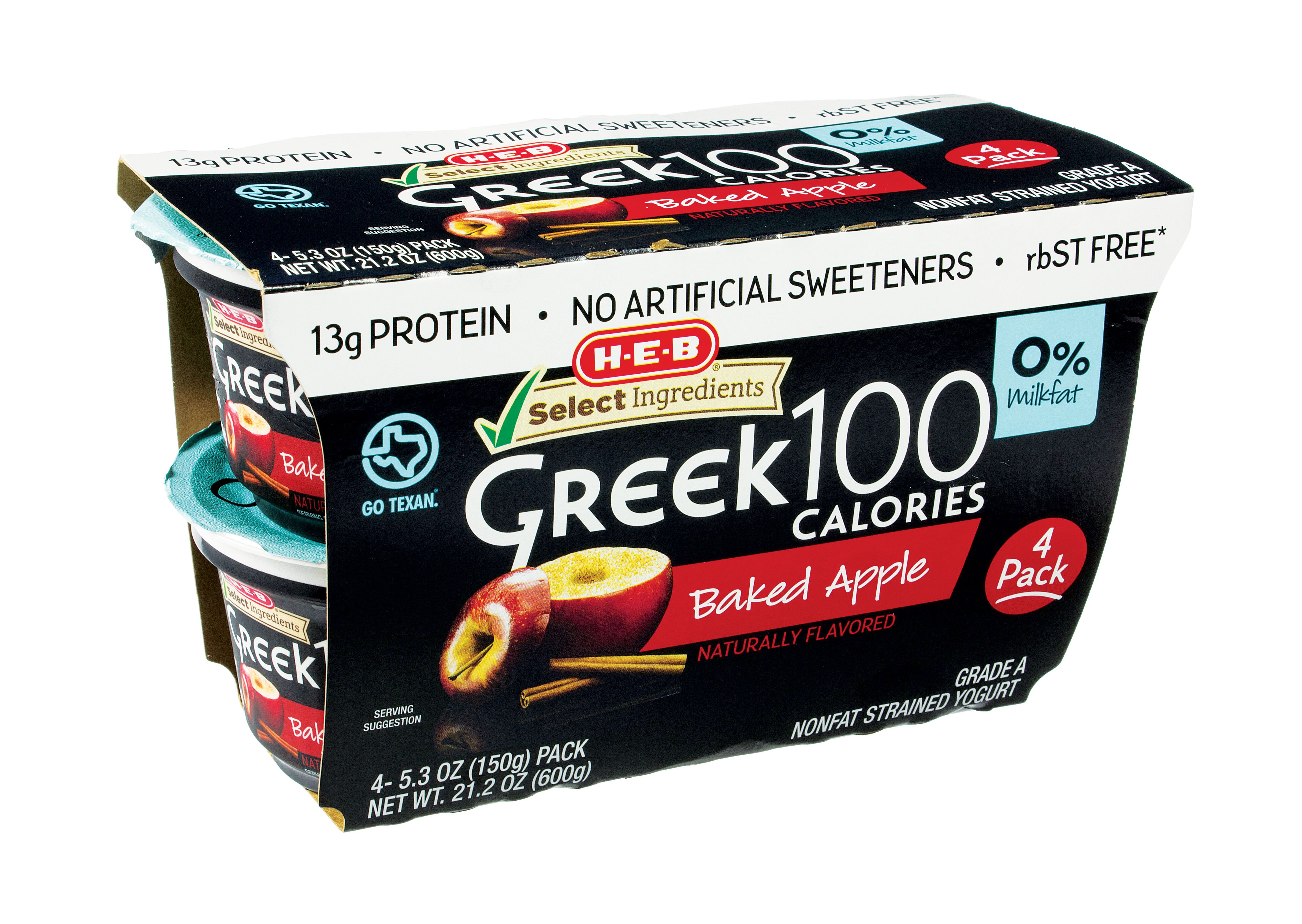 H-E-B 13g Protein Greek 100 Calories Nonfat Yogurt - Baked Apple, 4 ct