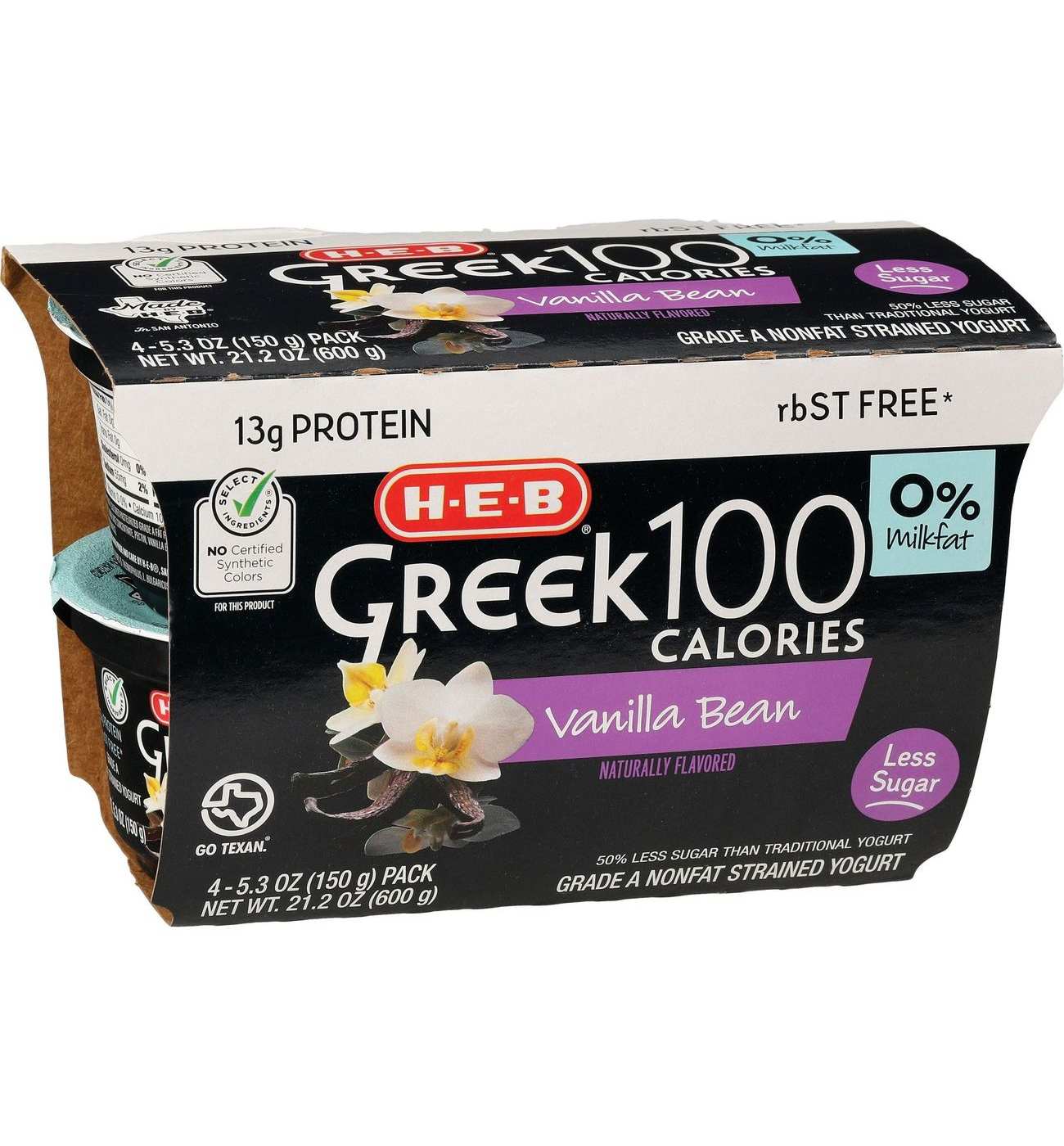 H-E-B 13g Protein Greek 100 Calories Nonfat Yogurt - Vanilla Bean; image 1 of 3