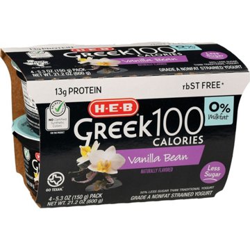H-E-B 13g Protein Greek 100 Calories Nonfat Yogurt - Vanilla Bean, 4 ct