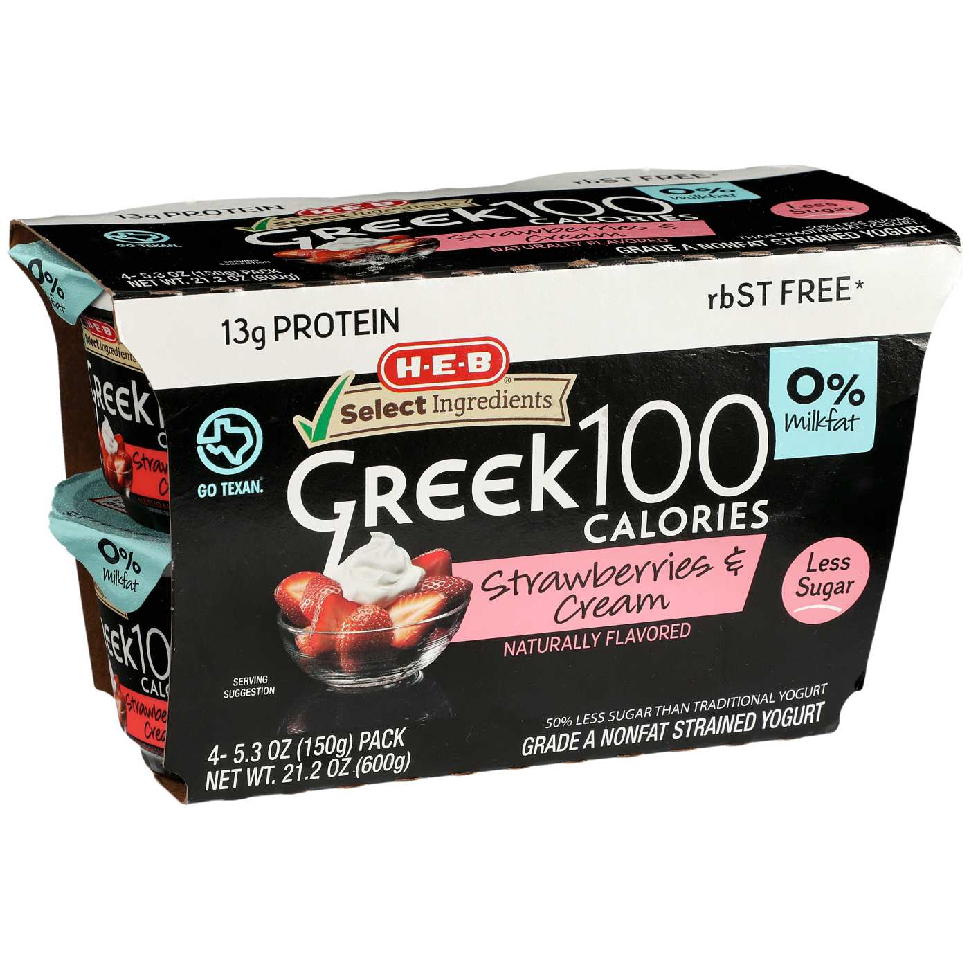 H-E-B 13g Protein Greek 100 Calories Nonfat Yogurt - Strawberries & Cream; image 1 of 2