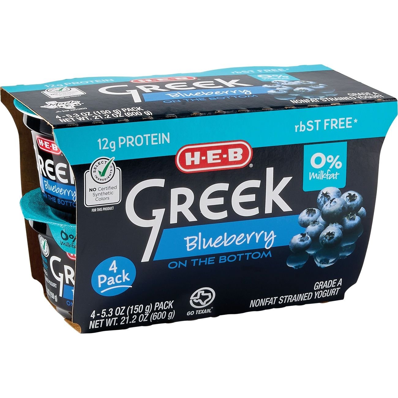 H-E-B 12g Protein Nonfat Greek Yogurt - Blueberry on the Bottom, 4 ct
