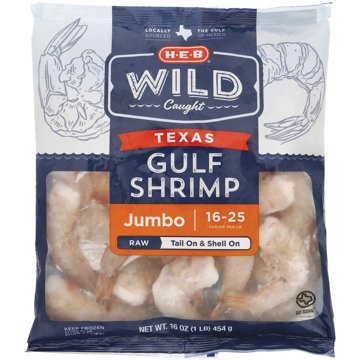H-E-B Wild Caught Shell-On Tail-On Jumbo Texas Gulf Raw Frozen Shrimp, 16 - 25 ct/lb, 1 lb