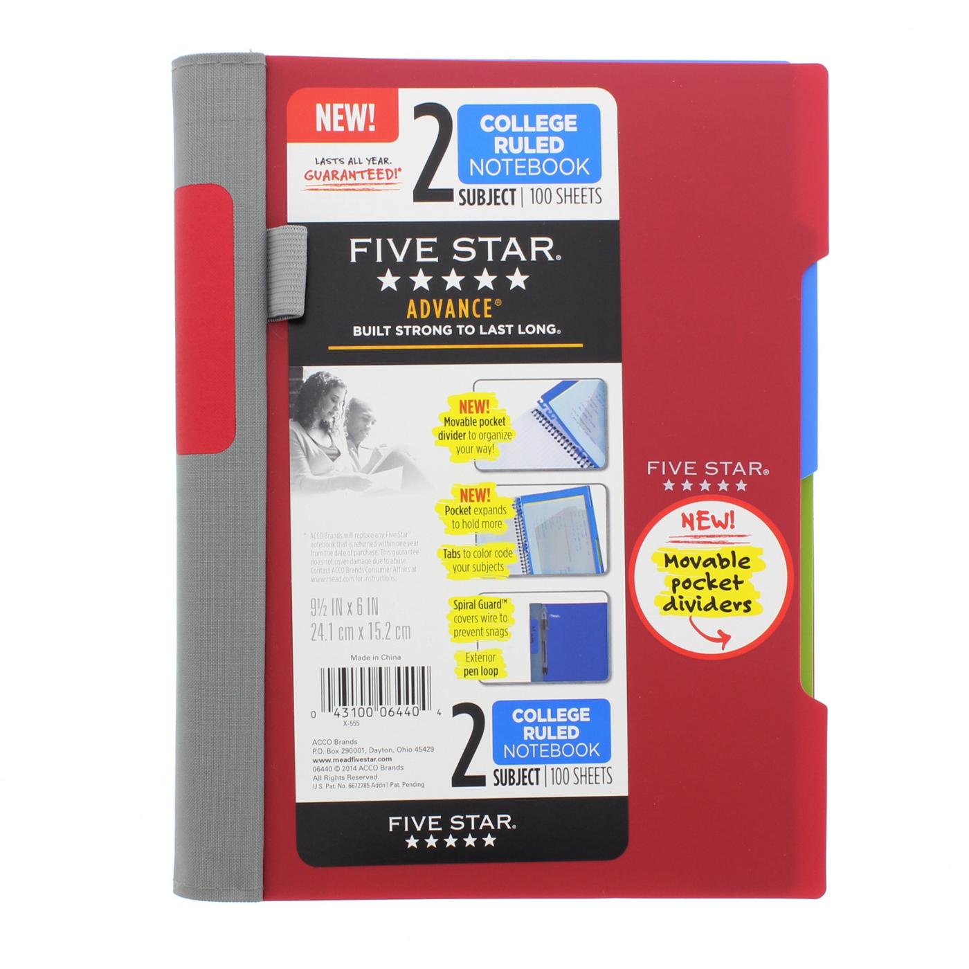 Mead Five Star Advance 2 Subject Wirebound College Ruled Notebook Assorted Colors; image 1 of 6