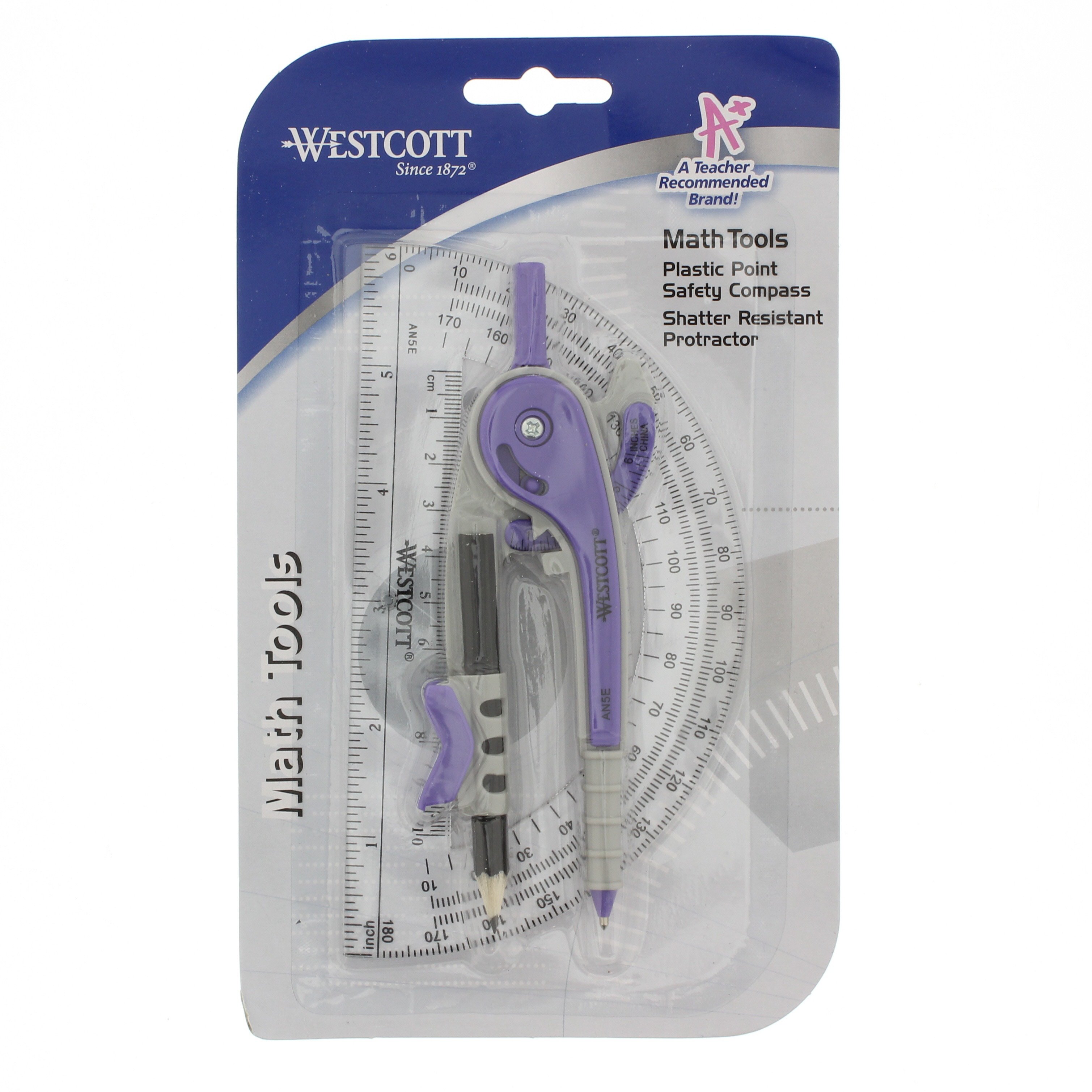 Westcott 10-Piece Math Set For Students – 2 Compasses, Protractor, Ruler, Triangles, Eraser, Sharpener, Durable Storage Case, Back To School