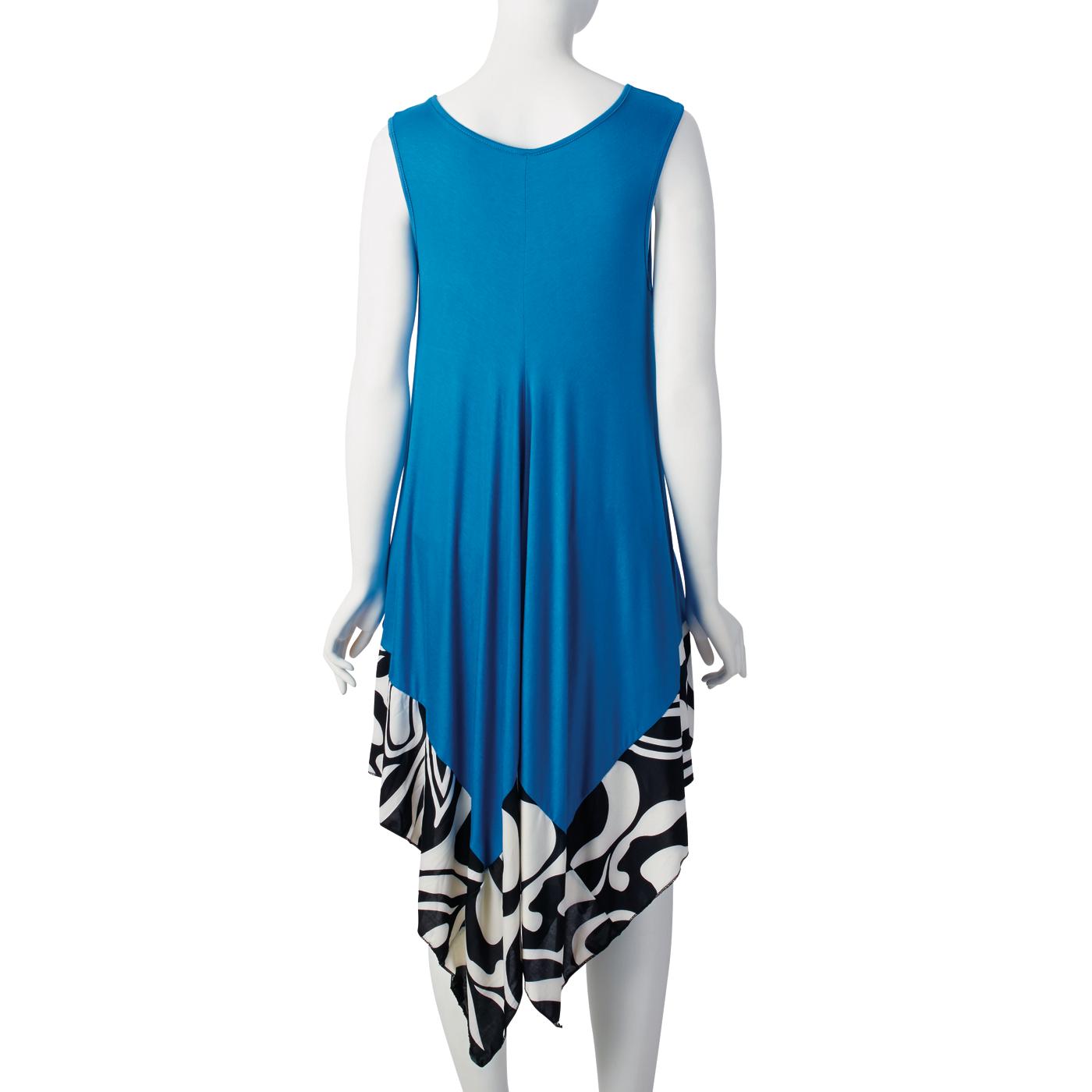 646 Main Sleeveless Flyaway Solid Knit Dress with Print Border; image 2 of 6