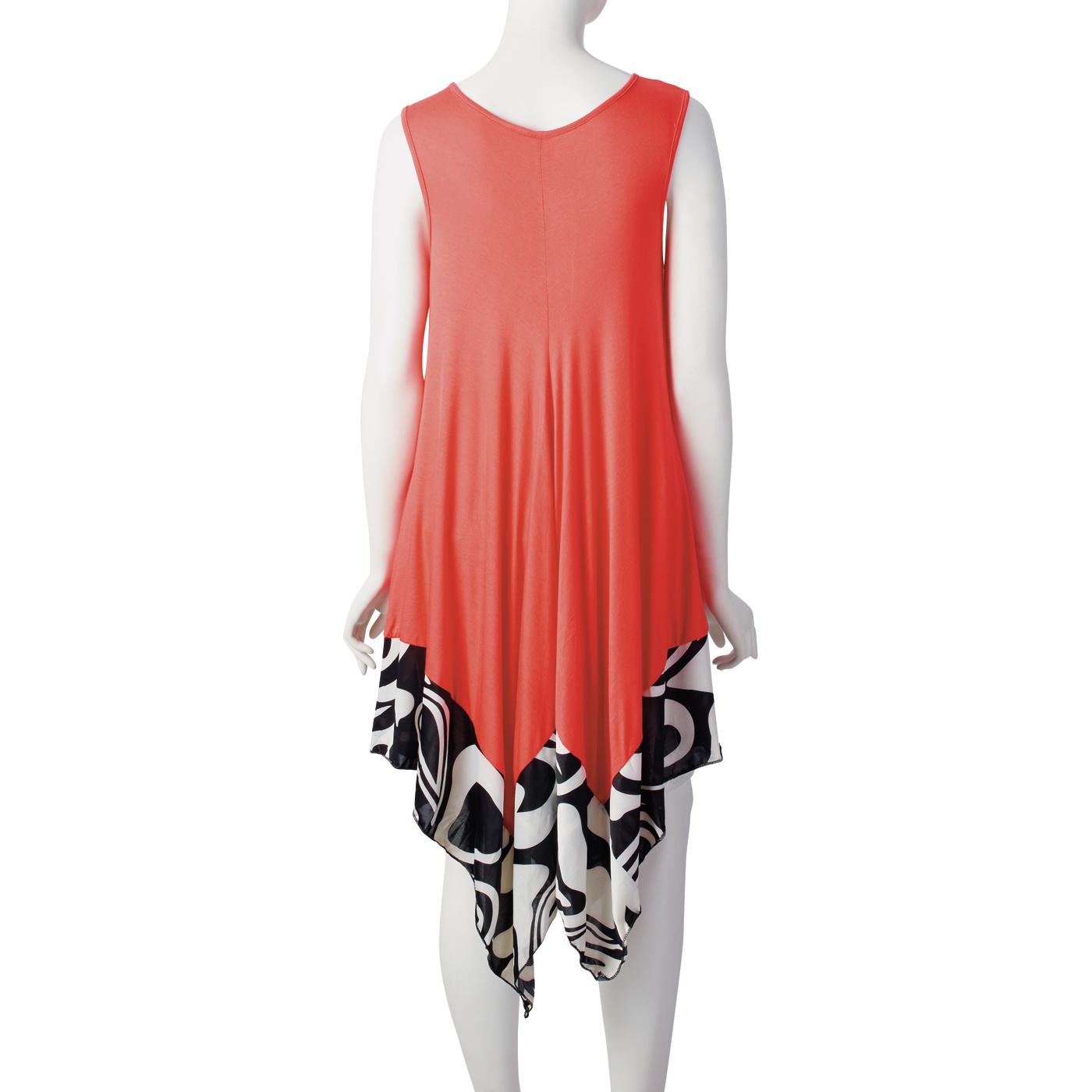 646 Main Sleeveless Flyaway Solid Knit Dress with Print Border; image 3 of 6