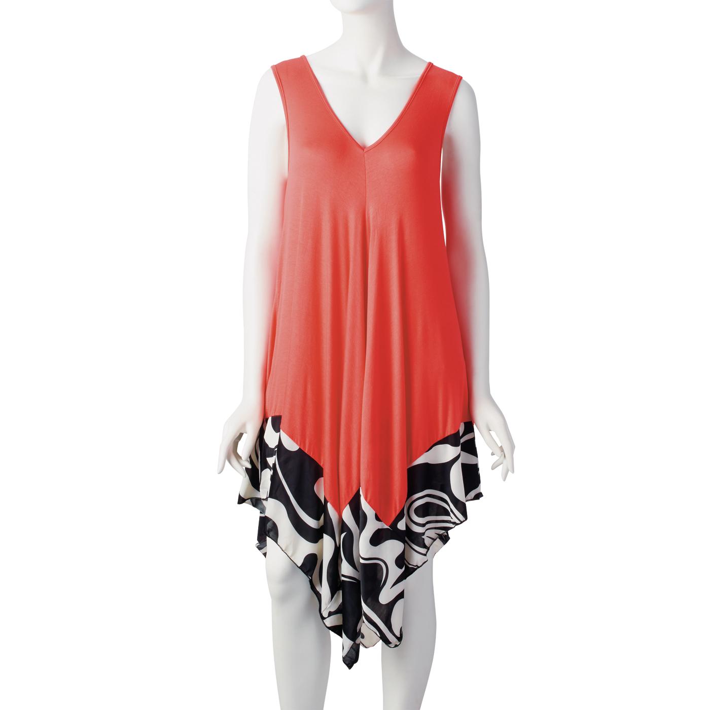 646 Main Sleeveless Flyaway Solid Knit Dress with Print Border; image 5 of 6