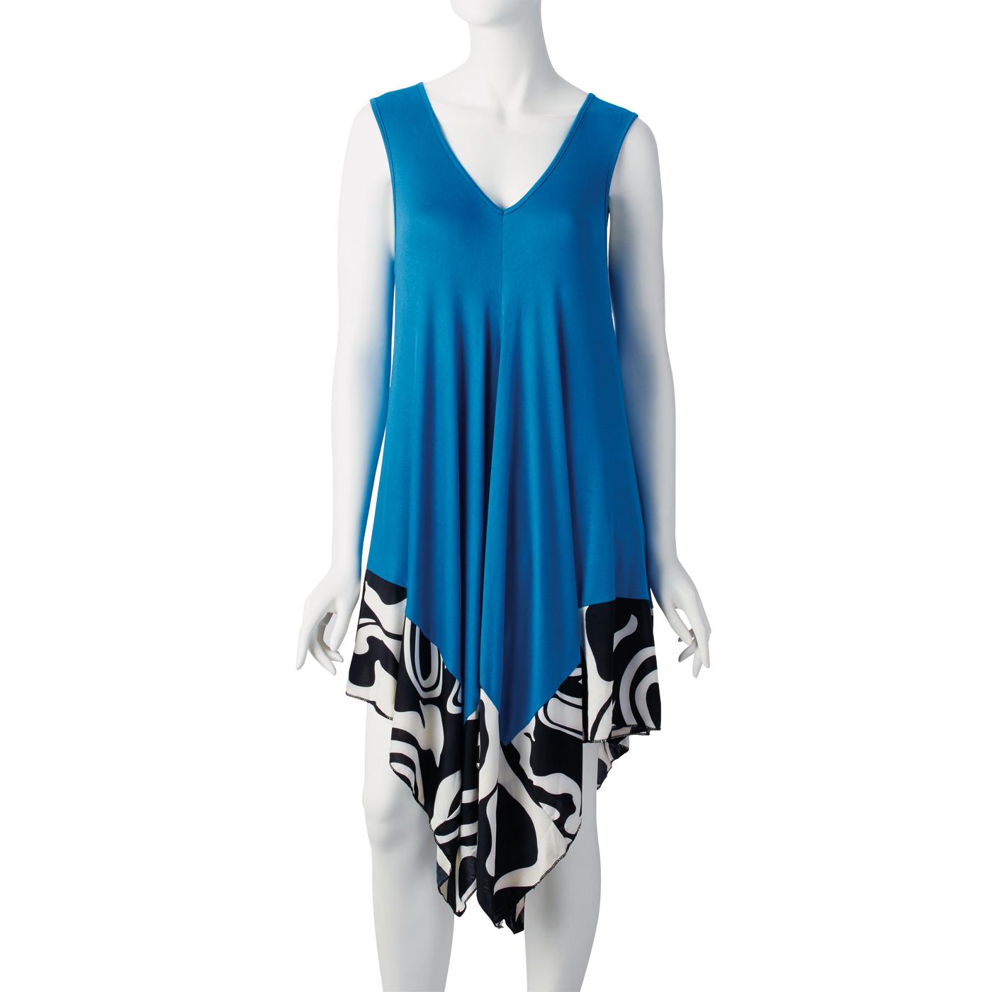 646 Main Sleeveless Flyaway Solid Knit Dress with Print Border; image 6 of 6