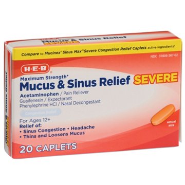 H-E-B Maximum Strength Severe Mucus & Sinus Congestion Relief Caplets, 20 ct