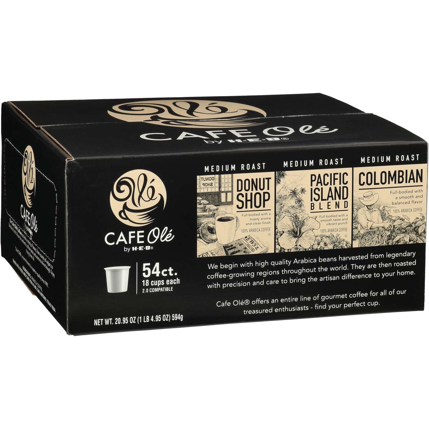 CAFE Olé by H-E-B Donut Shop, Pacific Island Blend & Colombian Coffee Single Serve Cups Variety Pack; image 1 of 2