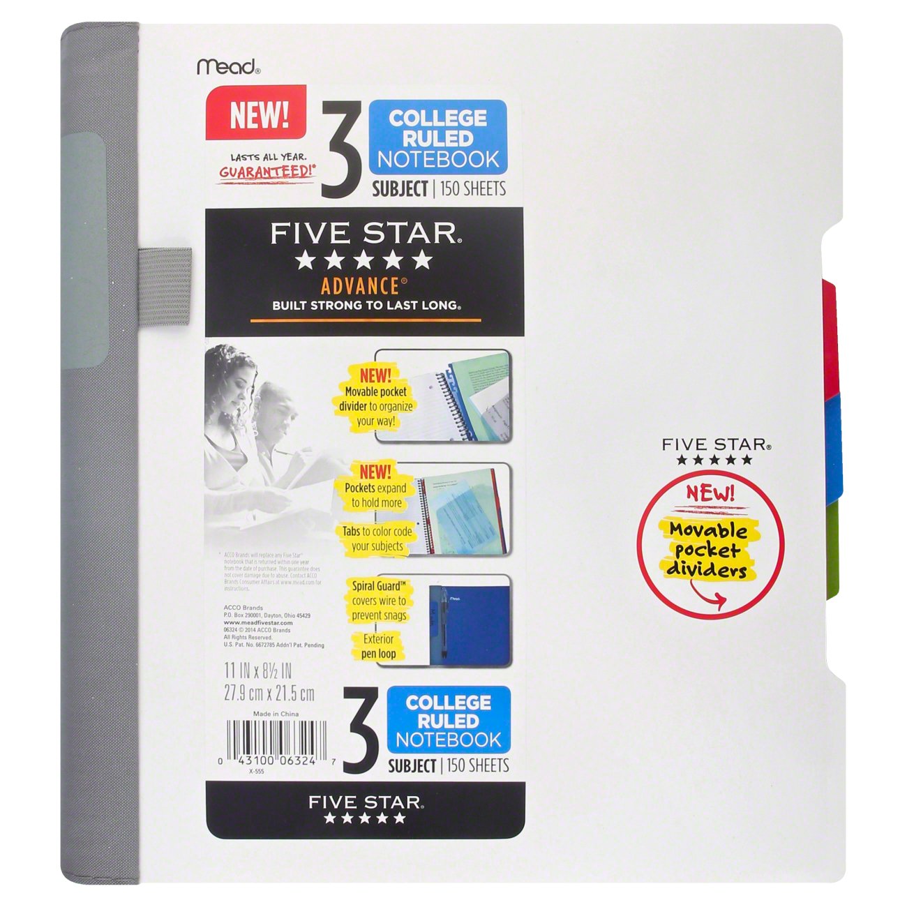 FIVE STAR Advance Wirebound Notebook, 3 Subject, College Ruled