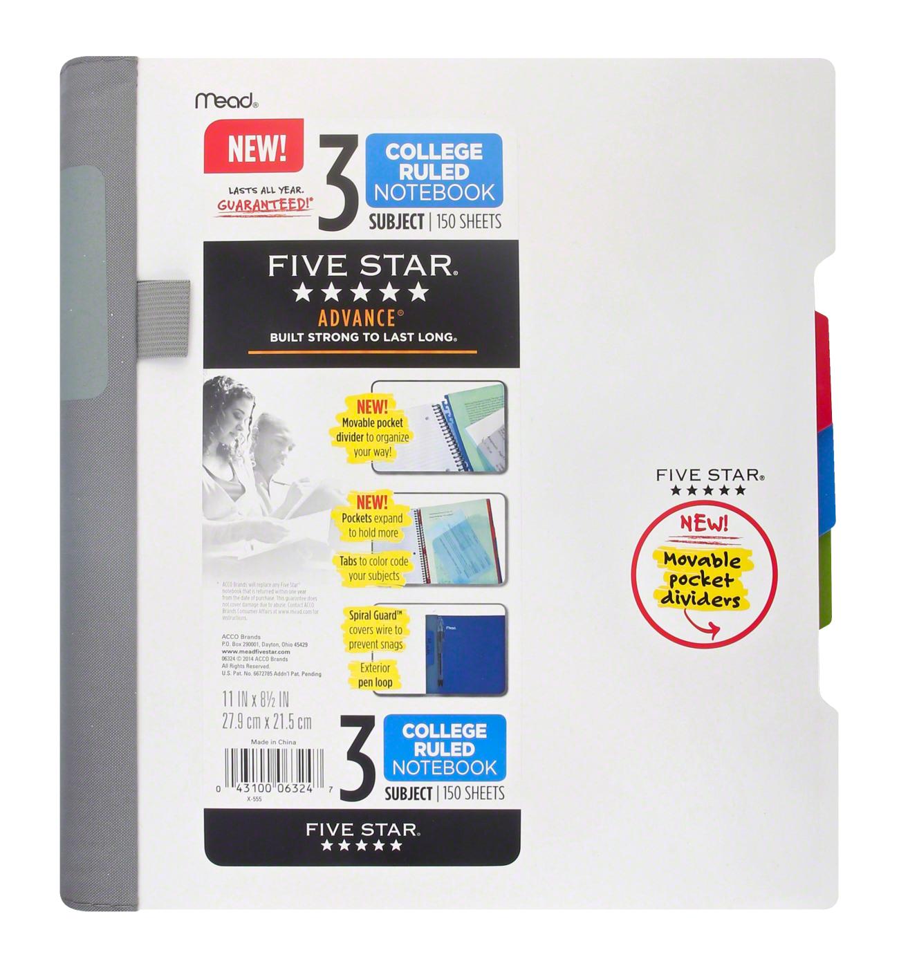 FIVE STAR Advance Wirebound Notebook, 3 Subject, College Ruled, Assorted Colors; image 1 of 7