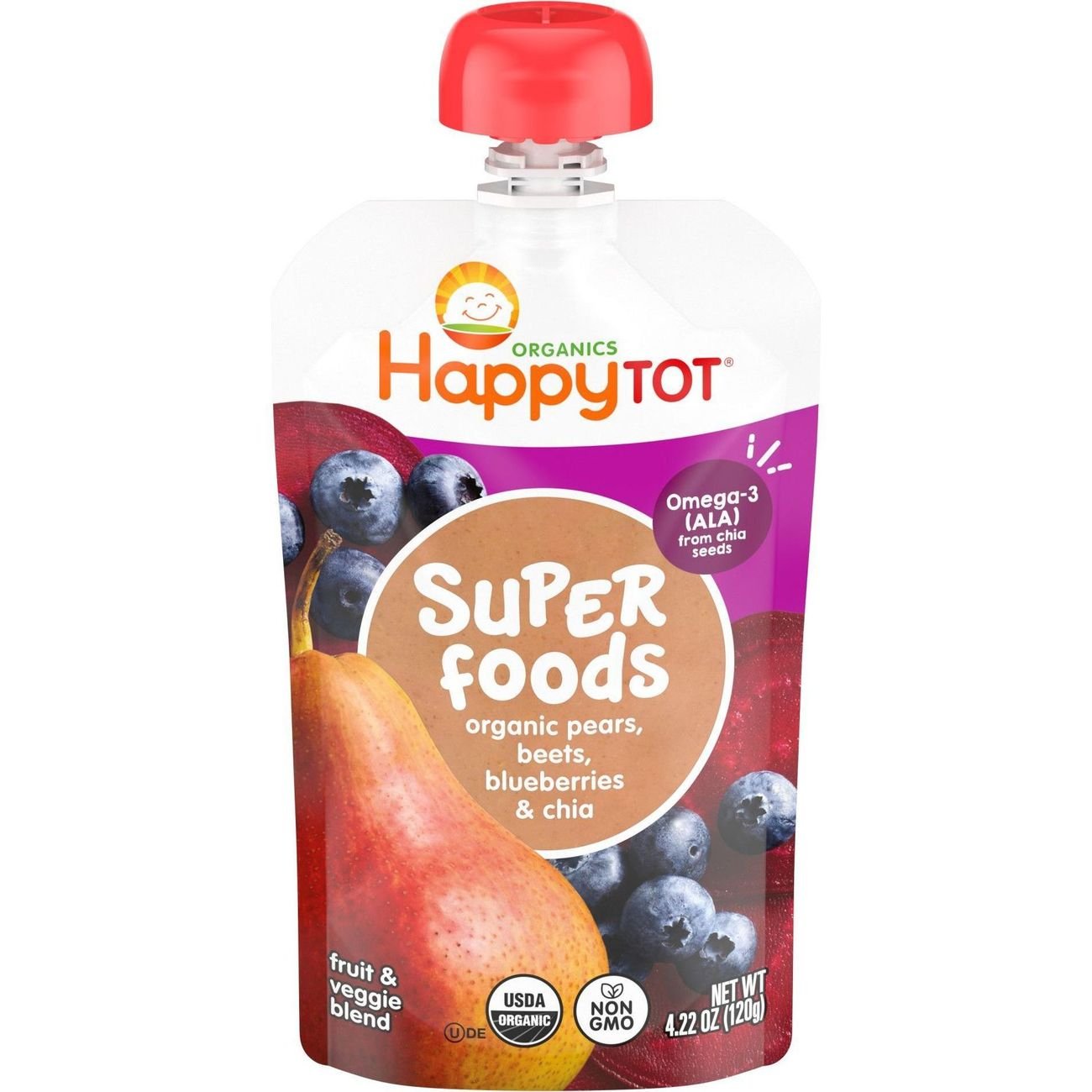 Happy Tot Organics Super Foods Stage Pears Beets & Blueberries Organic Baby Food Pouch, 4.22 oz