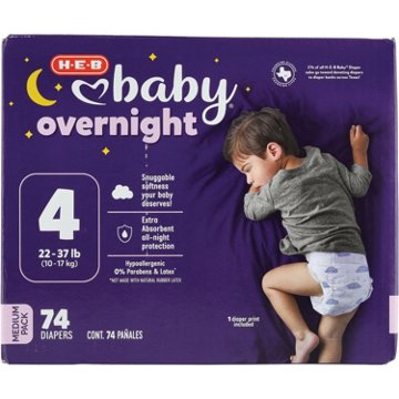 H-E-B Baby Medium Pack Overnight Diapers – Size 4, 74 ct