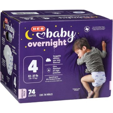 H-E-B Baby Medium Pack Overnight Diapers – Size 4, 74 ct