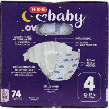 H-E-B Baby Medium Pack Overnight Diapers – Size 4, 74 ct