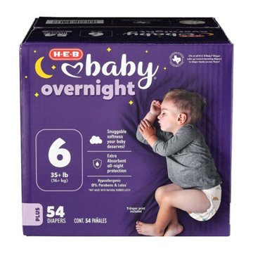 H-E-B Baby Plus Overnight Diapers – Size 6, 54 ct