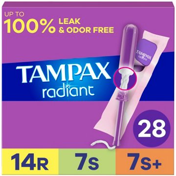 Tampax Radiant Tampons Trio Pack, Regular/Super/Super Plus Unscented, 28 ct
