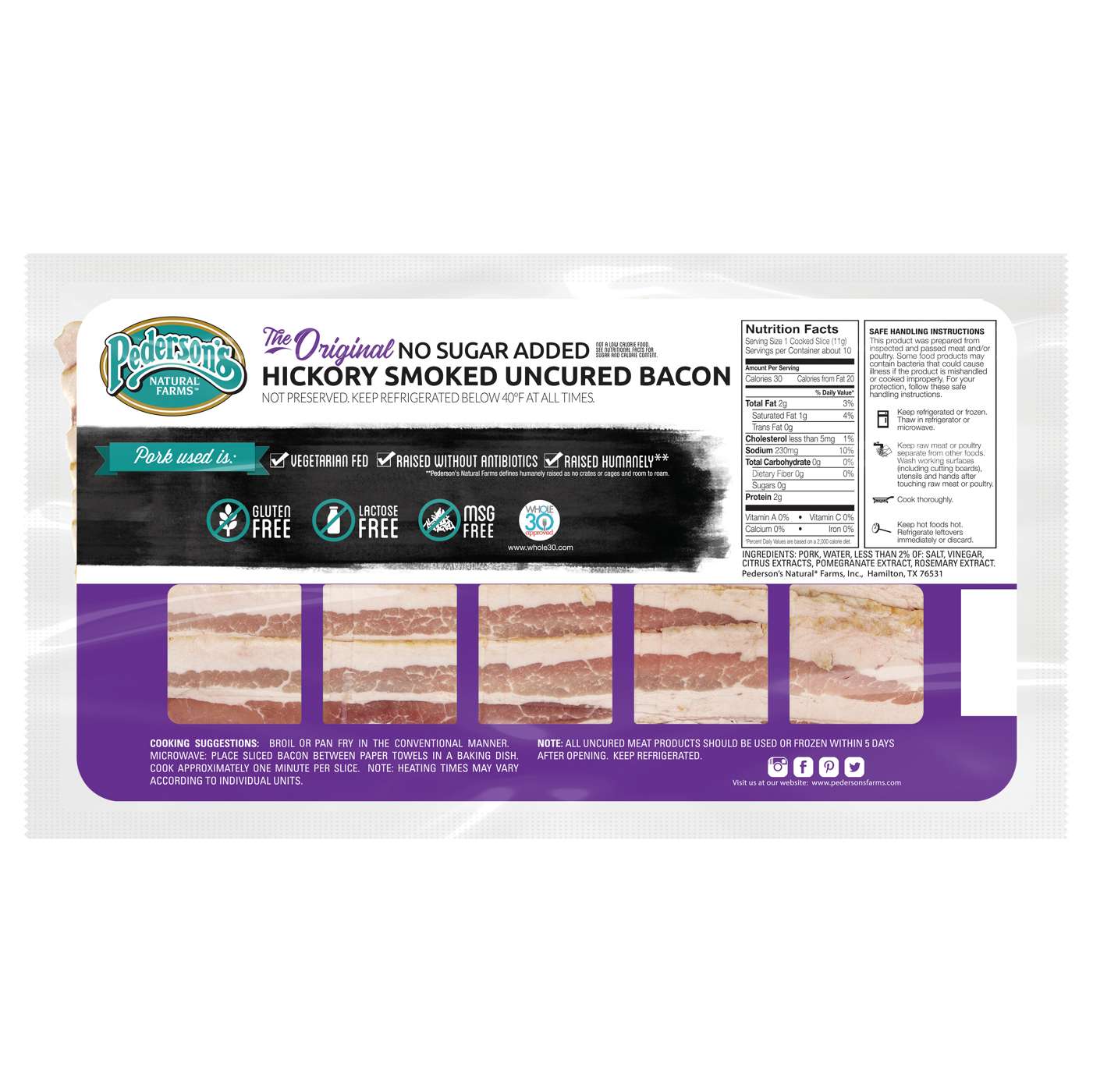 Pederson's Natural Farms No Sugar Added Hickory Smoked Uncured Bacon; image 2 of 2