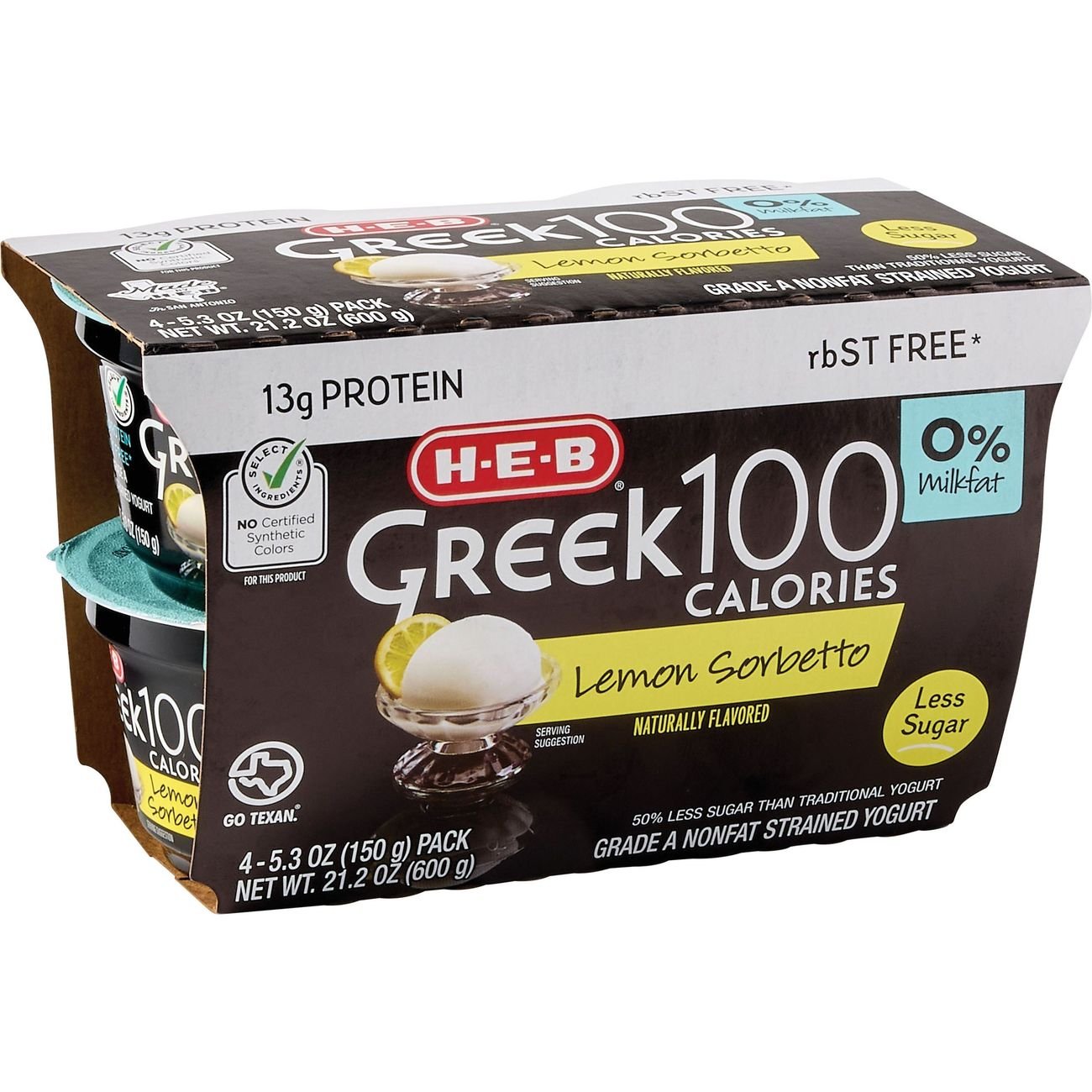H-E-B 13g Protein Greek 100 Calories Nonfat Yogurt - Lemon Sorbetto, 4 ct