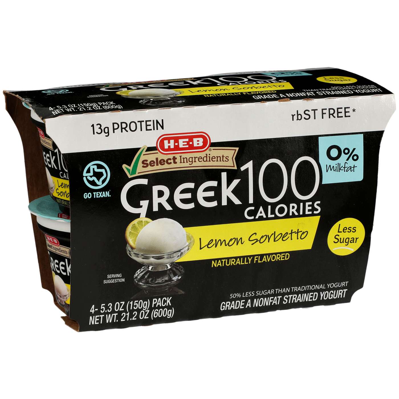 H-E-B 13g Protein Greek 100 Calories Nonfat Yogurt - Lemon Sorbetto; image 1 of 2