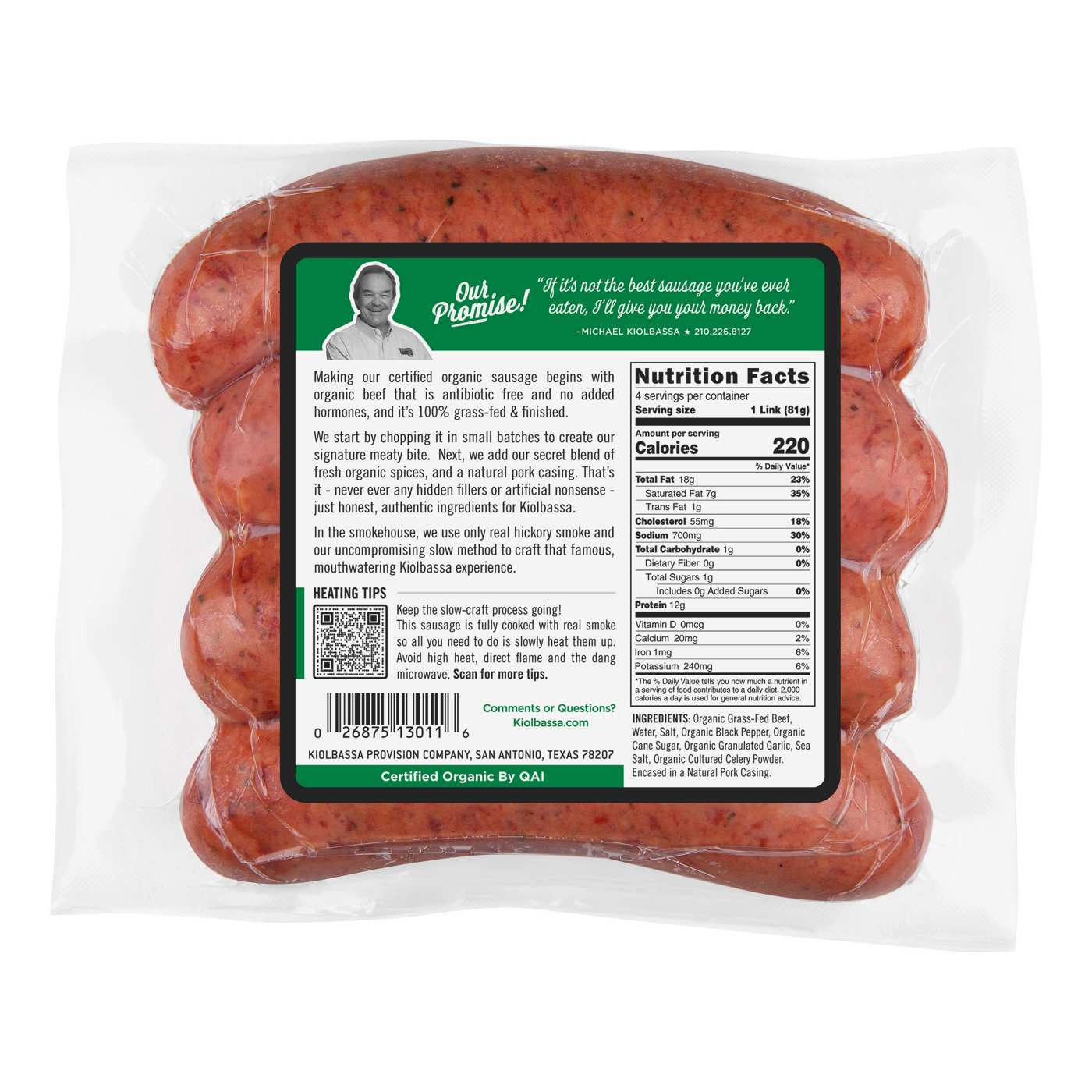 Kiolbassa Organic Grass-fed Beef Hickory Smoked Sausage, 4 ct; image 6 of 6