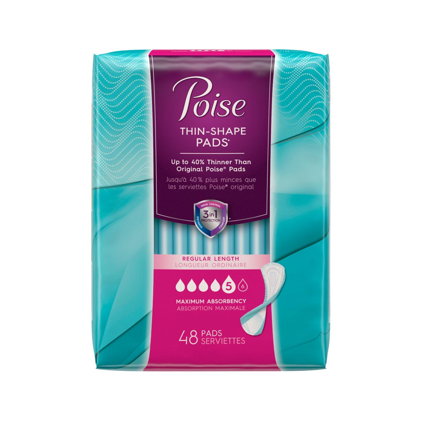 Poise Ultra Thin Incontinence Pads For Women, Moderate Absorbency, Long,  48Ct
