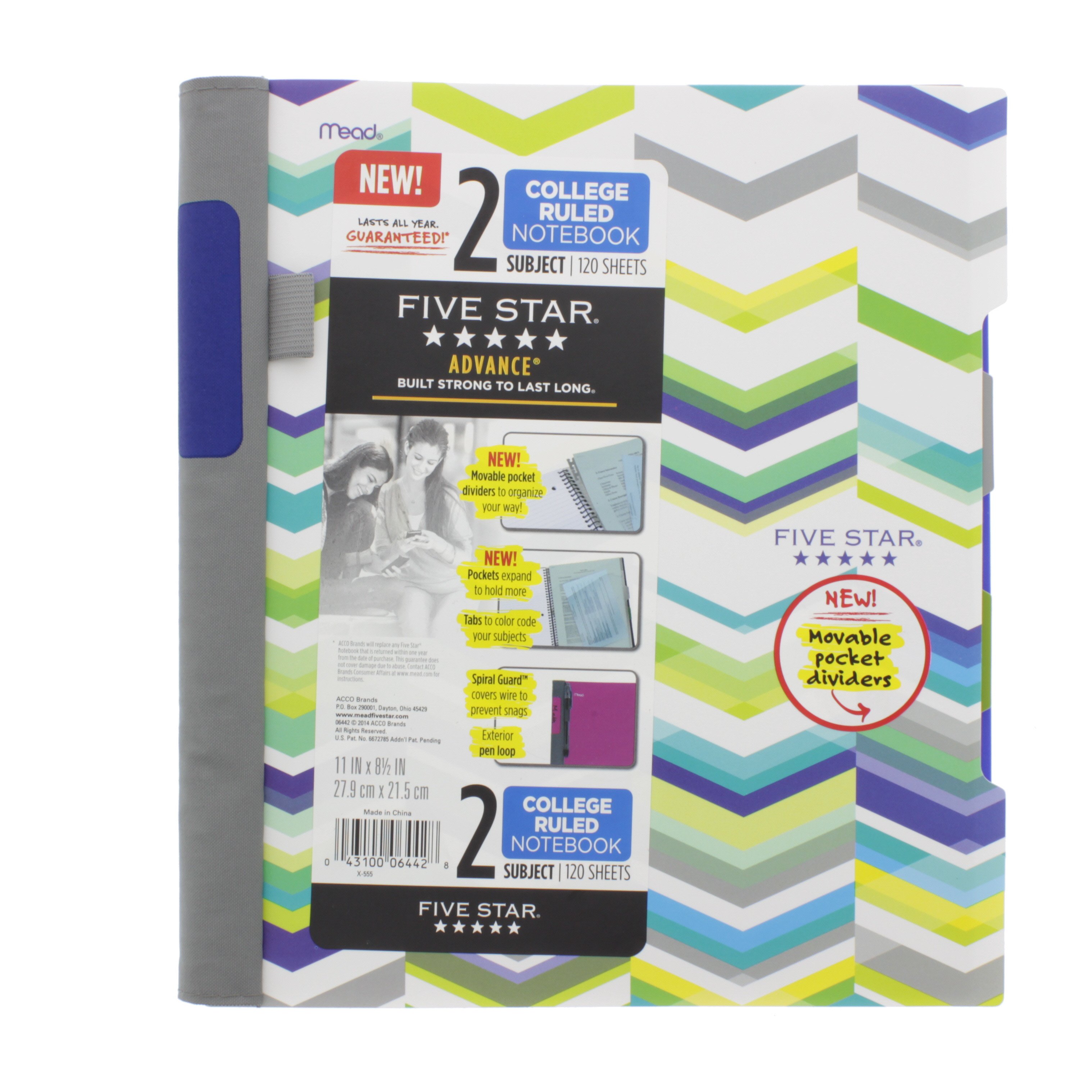 Mead Five Star Advance Style Wirebound 2 Subject Notebook, Assorted