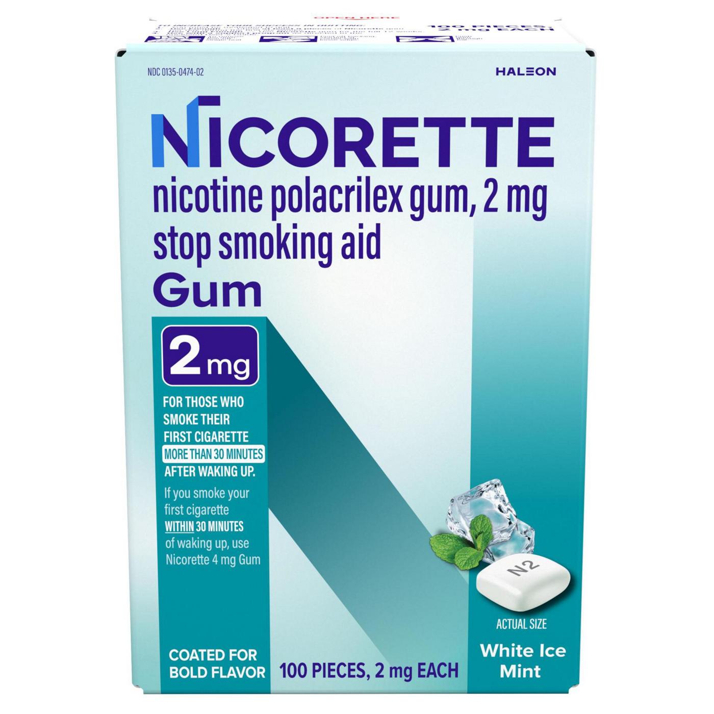 Nicorette Nicotine Gum Stop Smoking Aid, 2 mg, White Ice Mint Flavor; image 1 of 2