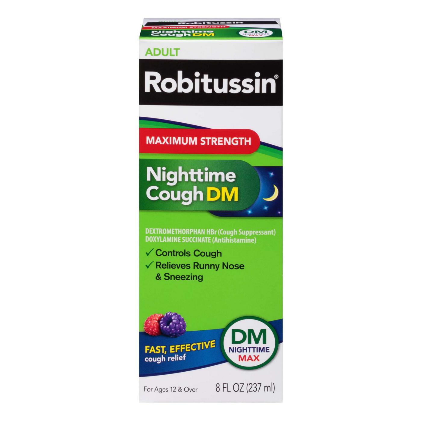 Robitussin Max Strength Blue Raspberry Nighttime Cough DM Liquid; image 1 of 6