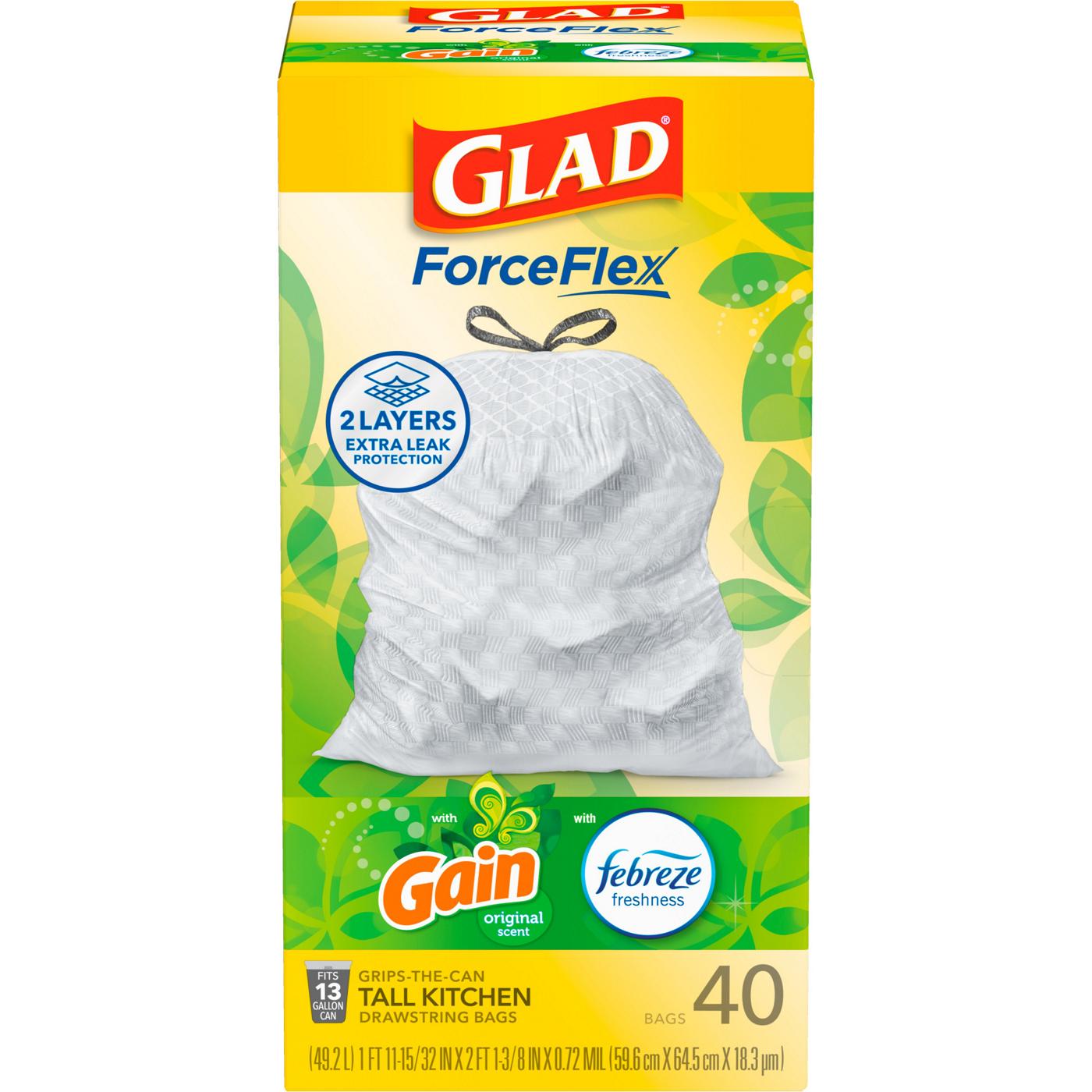 Glad ForceFlex Tall Kitchen Drawstring Trash Bags, 13 Gallon - Gain Original Scent with Febreeze Freshness; image 1 of 3