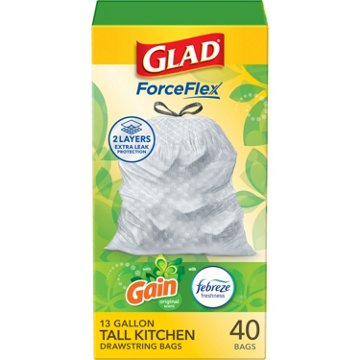 Glad ForceFlex Tall Kitchen Drawstring Trash Bags, 13 Gallon - Gain Original Scent with Febreze Freshness, 40 ct