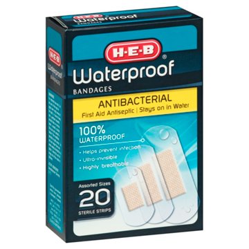 H-E-B Waterproof Antibacterial Bandages - Assorted Sizes, 20 ct