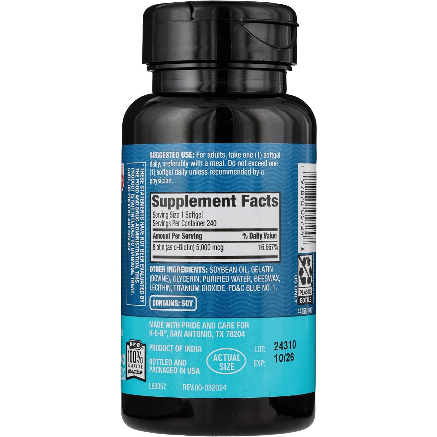 H-E-B Vitamins Super Potency Biotin 5,000 mcg Softgels - Texas-Size Pack; image 2 of 2