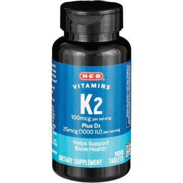 H-E-B Vitamins 100 mcg K2 Plus 25 mcg D3 Tablets, 100 ct