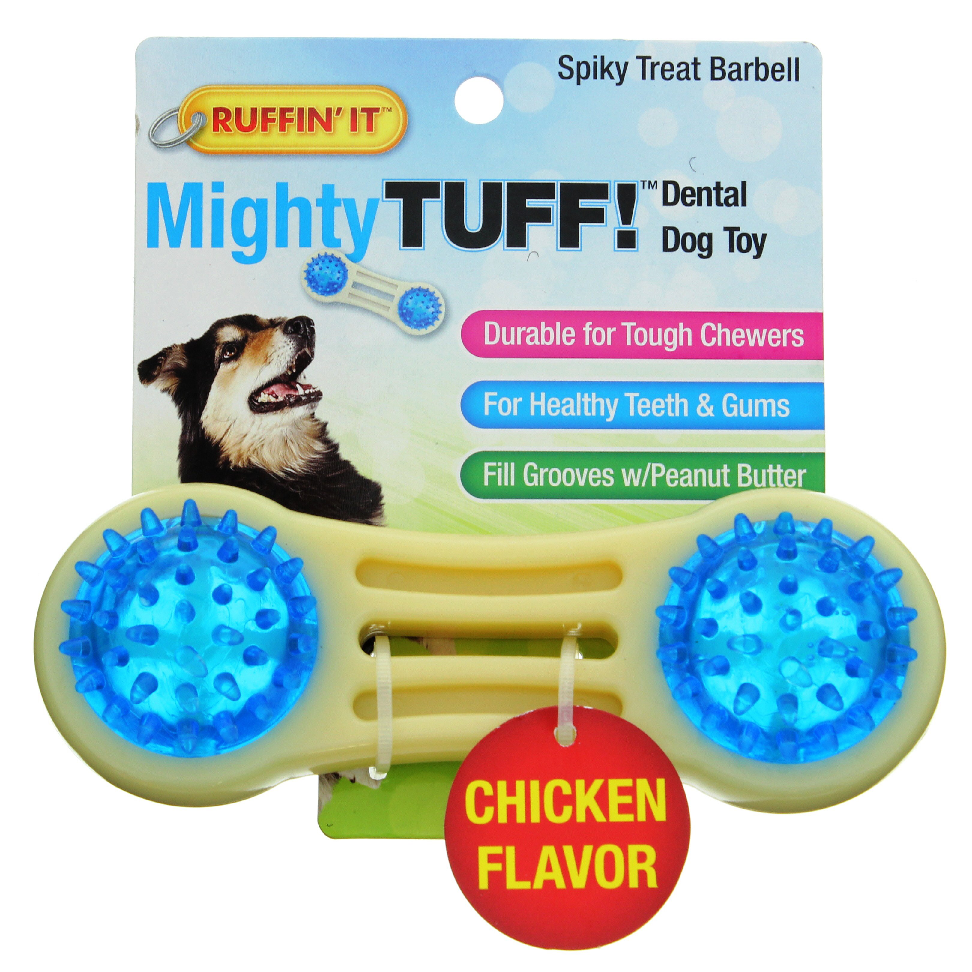 Ruffin' It Mighty Tuff Spiky Treat Barbell Dental Dog Toy Shop Dogs