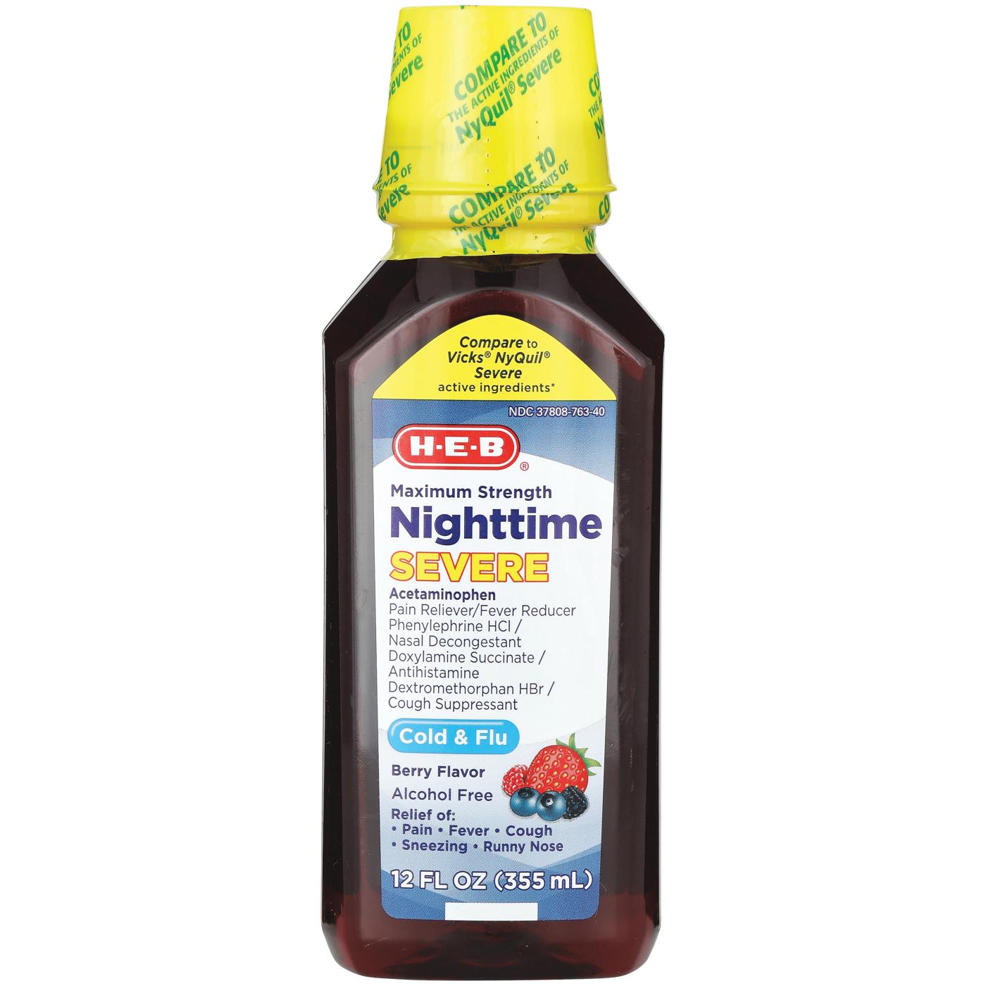 H-E-B Nighttime Severe Cold & Flu Relief Liquid – Berry Flavor; image 1 of 3