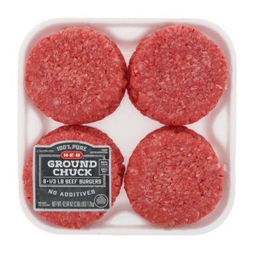H-E-B Ground Beef Chuck 1/3 lb Burger Patties, 80% Lean - Value Pack, 8 ct