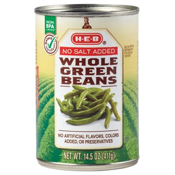 H-E-B No Salt Added Whole Green Beans, 14.5 oz