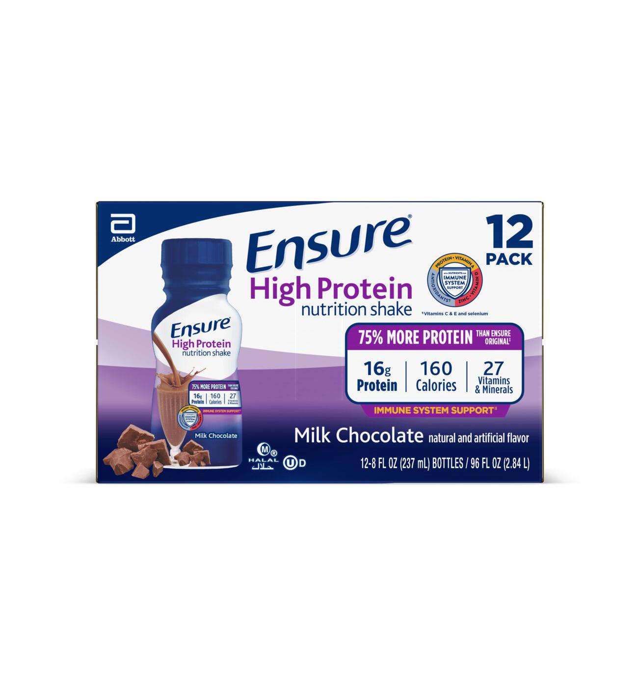 Ensure Ensure High Protein Nutritional Shake, 16g Protein, Meal Replacement Shake, Milk Chocolate, 8 fl oz, 12 Ct; image 1 of 2