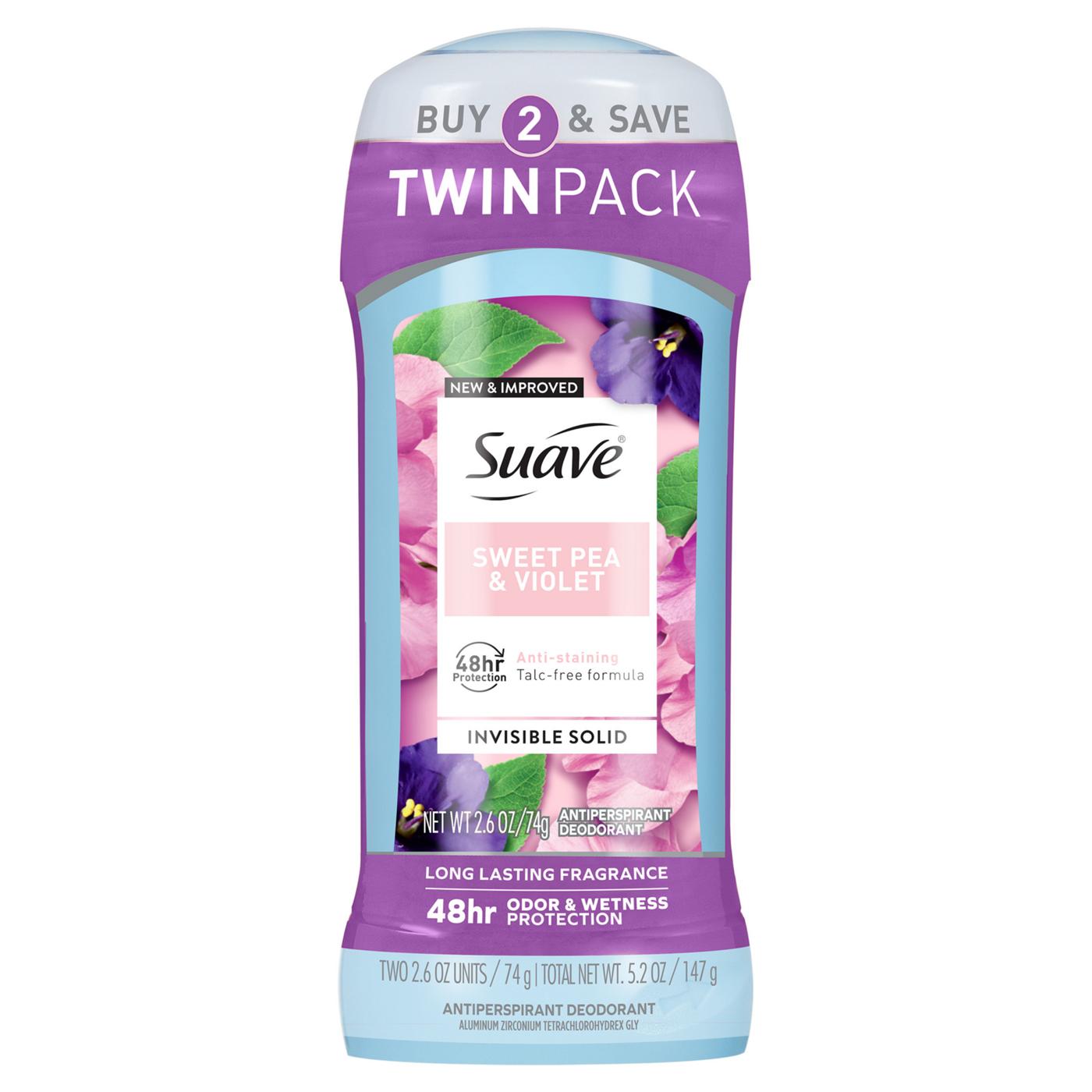 Suave  Antiperspirant Deodorant For Women, Invisible 48hr Protection - Sweet Pea & Violet, 2 pk; image 1 of 8